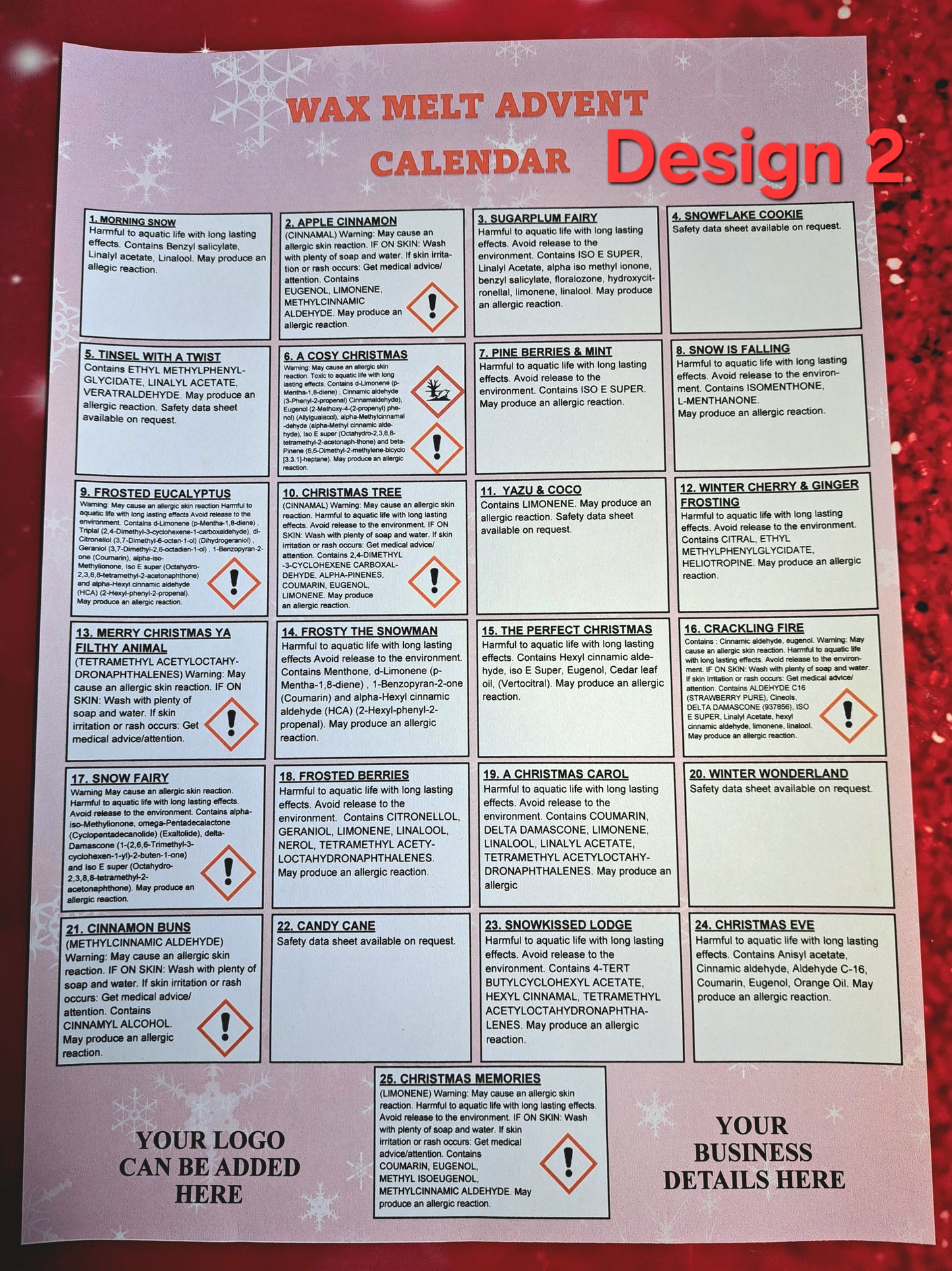 A4 ONLY AND PORTRAIT ONLY Advent Calender Clp Label DESIGN AND PRINTED SHEETS FOR 25 FRAGRANCES