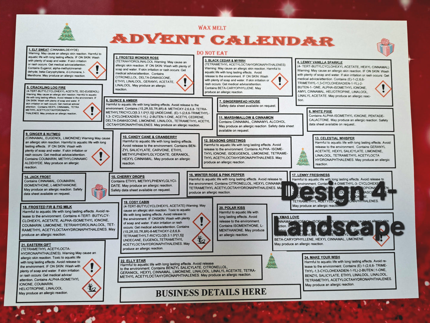 A4 Advent Calendar Clp Label DESIGN FOR 24 OR 25 FRAGRANCES AND PRINTED SHEETS (We can also cut these smaller to fit your box) in Portrait or Landscape