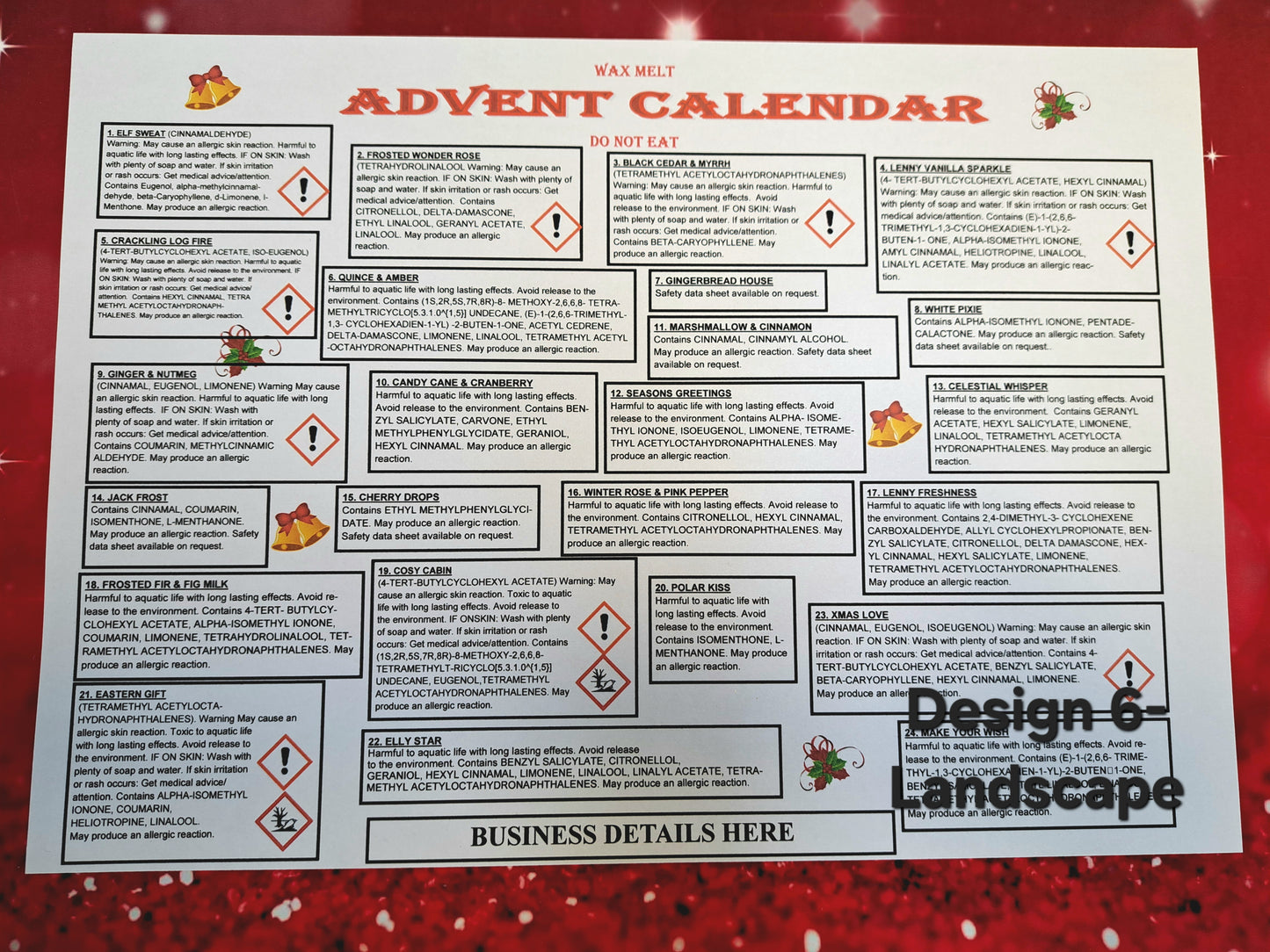 A4 Advent Calendar Clp Label DESIGN FOR 24 OR 25 FRAGRANCES AND PRINTED SHEETS (We can also cut these smaller to fit your box) in Portrait or Landscape
