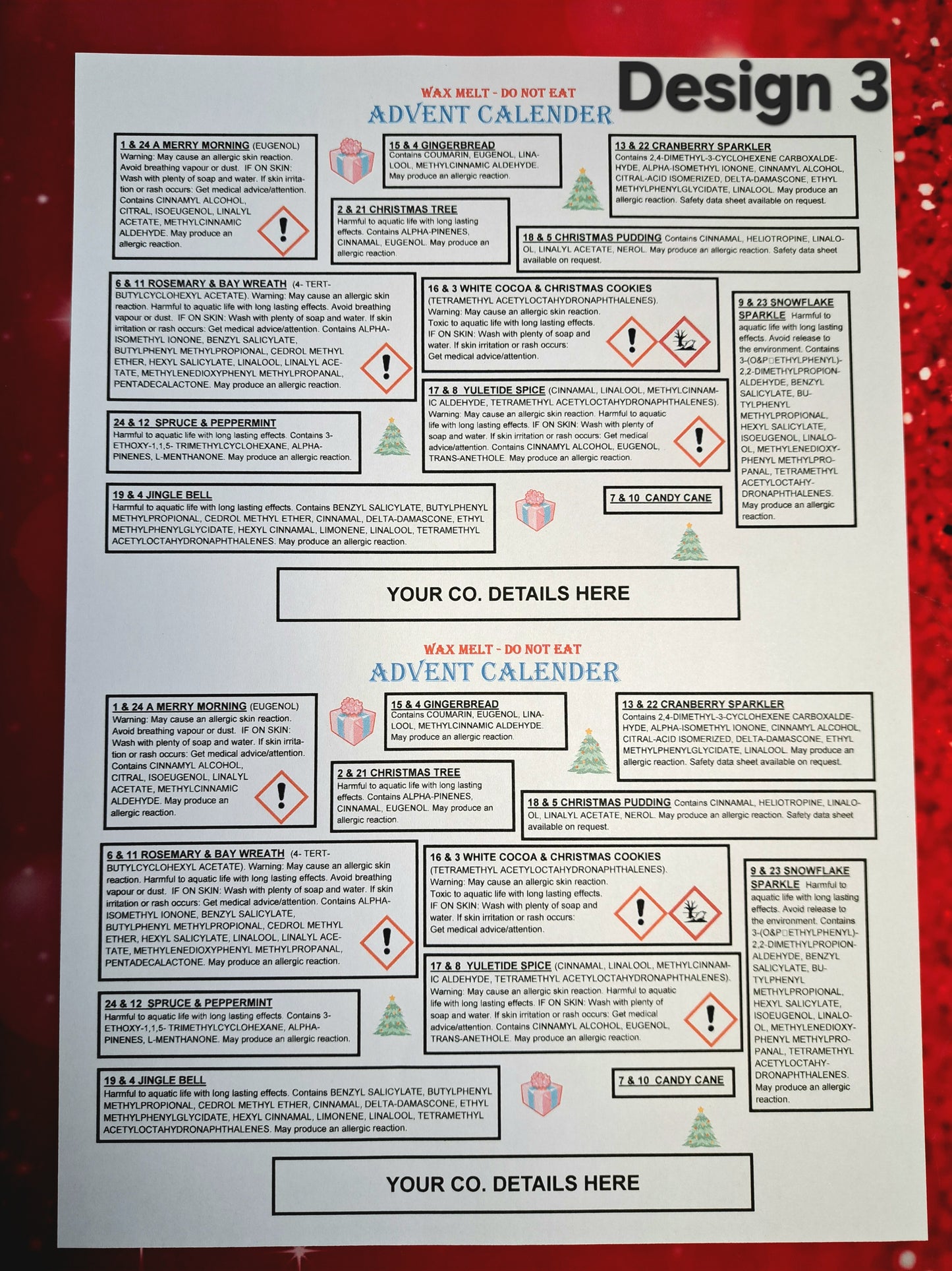 A5 Advent Calendar Clp Label DESIGN FOR 12 FRAGRANCES AND PRINTED SHEETS (We can also cut these smaller to fit your box)