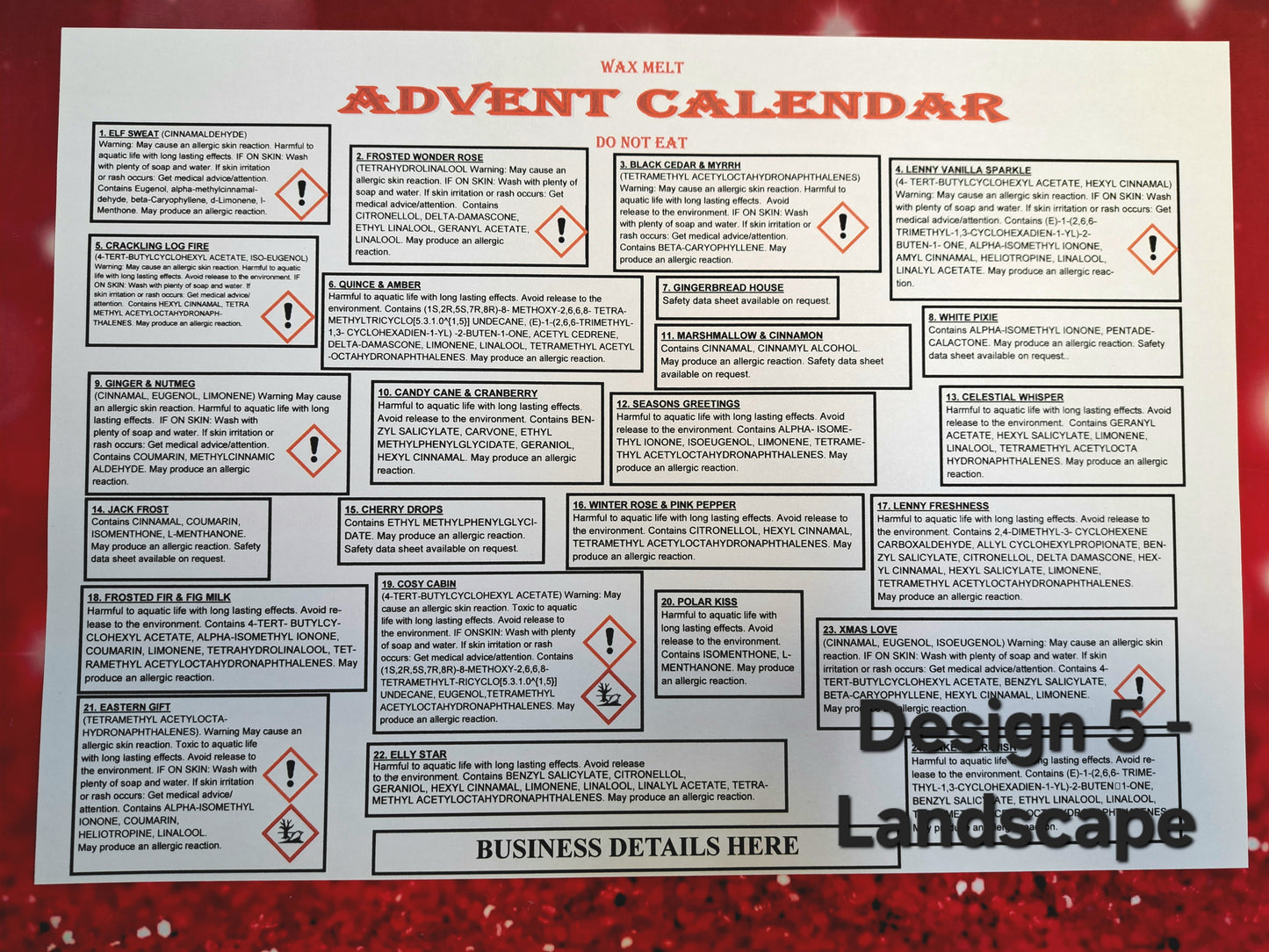 A4 Advent Calendar Clp Label DESIGN FOR 24 OR 25 FRAGRANCES AND PRINTED SHEETS (We can also cut these smaller to fit your box) in Portrait or Landscape