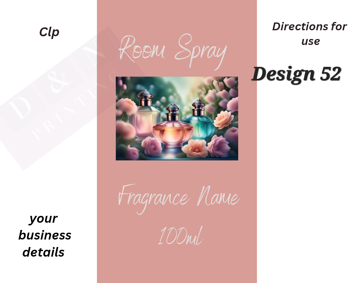 Room Spray Labels - IN PERFUMERS ALCOHOL - Gloss Labels 100mm(width) x 80mm(height) - 6 labels per sheet