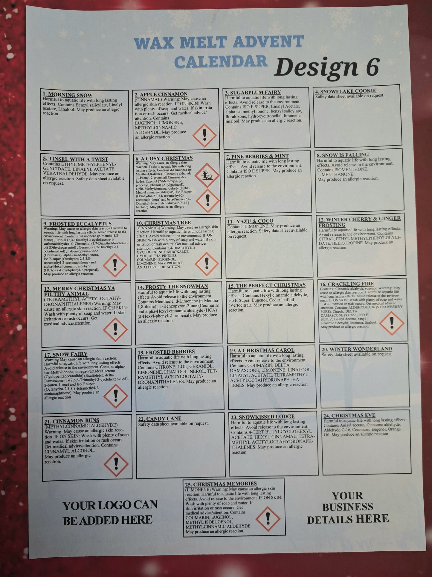 A4 PORTRAIT ONLY Advent Calender Clp Label DESIGN AND PRINTED SHEETS FOR 25 FRAGRANCES