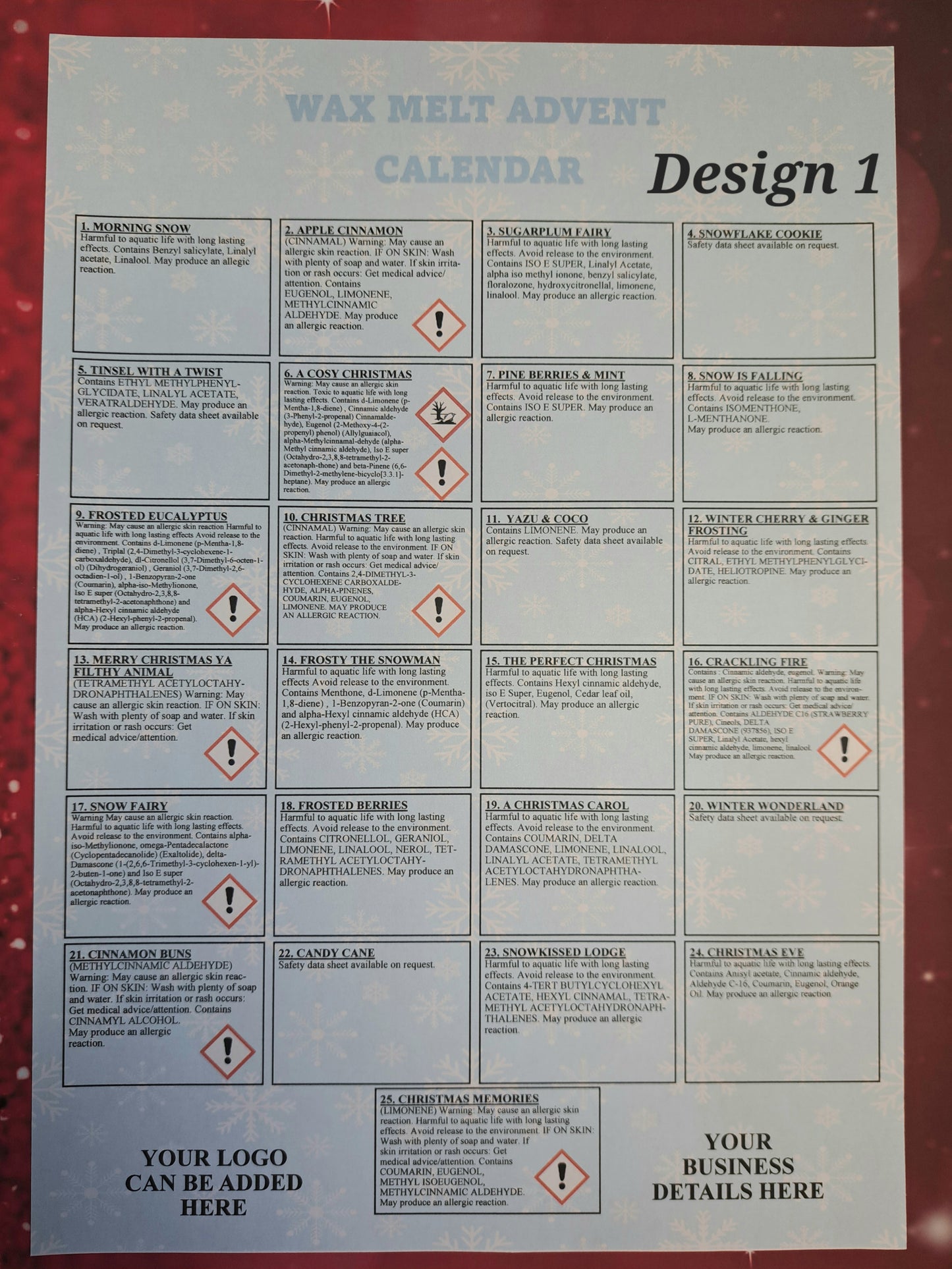 A4 PORTRAIT ONLY Advent Calender Clp Label DESIGN AND PRINTED SHEETS FOR 25 FRAGRANCES