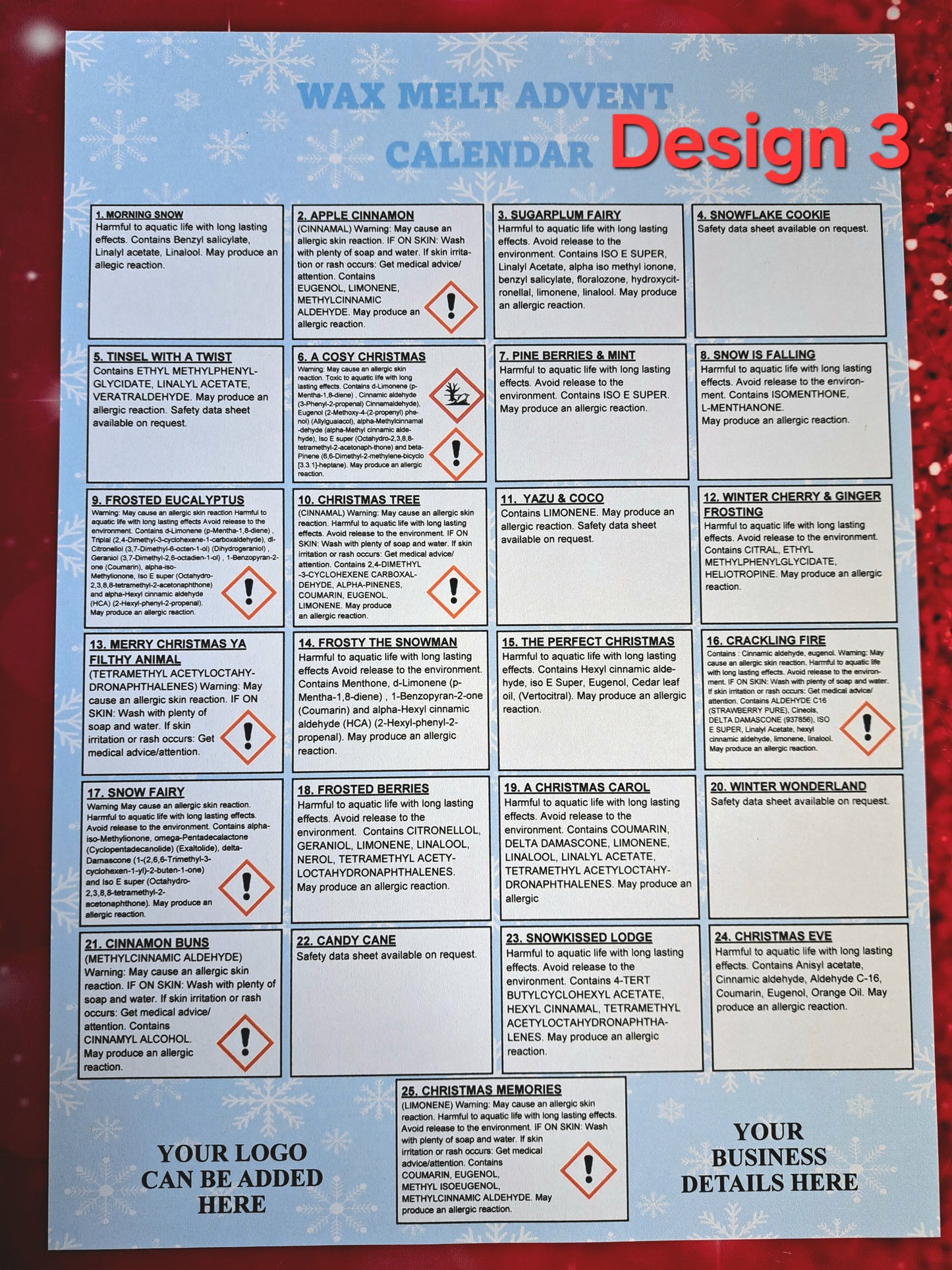 A4 ONLY AND PORTRAIT ONLY Advent Calender Clp Label DESIGN AND PRINTED SHEETS FOR 25 FRAGRANCES