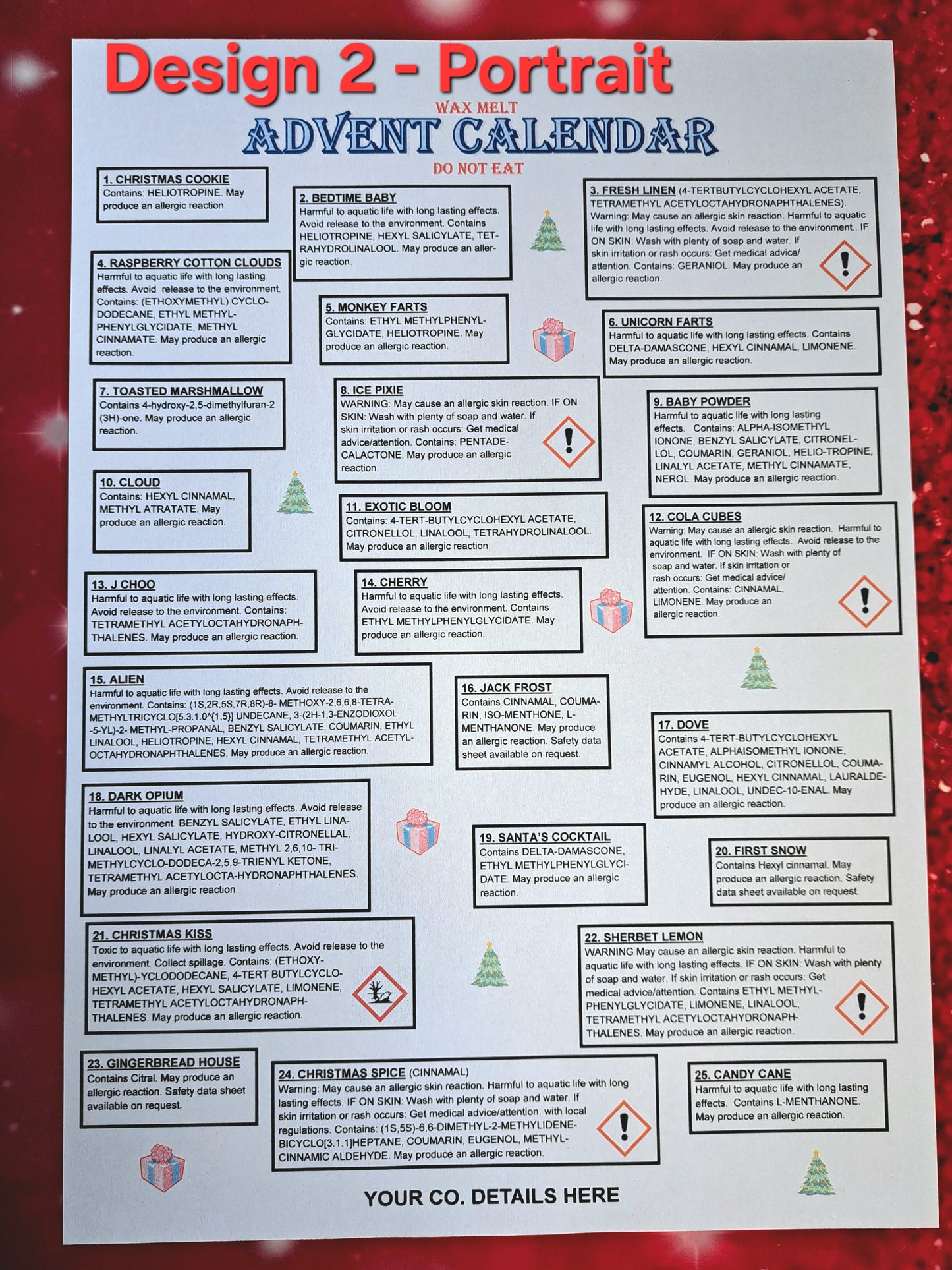 A4 Advent Calendar Clp Label DESIGN FOR 24 OR 25 FRAGRANCES AND PRINTED SHEETS (We can also cut these smaller to fit your box) in Portrait or Landscape