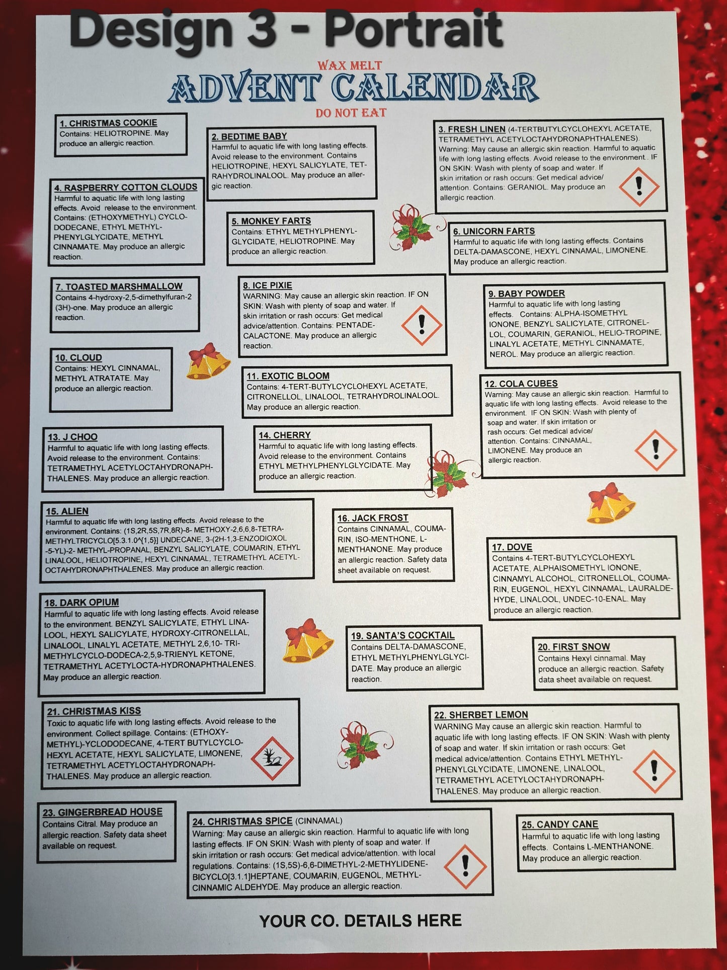 A4 Advent Calendar Clp Label DESIGN FOR 24 OR 25 FRAGRANCES AND PRINTED SHEETS (We can also cut these smaller to fit your box) in Portrait or Landscape