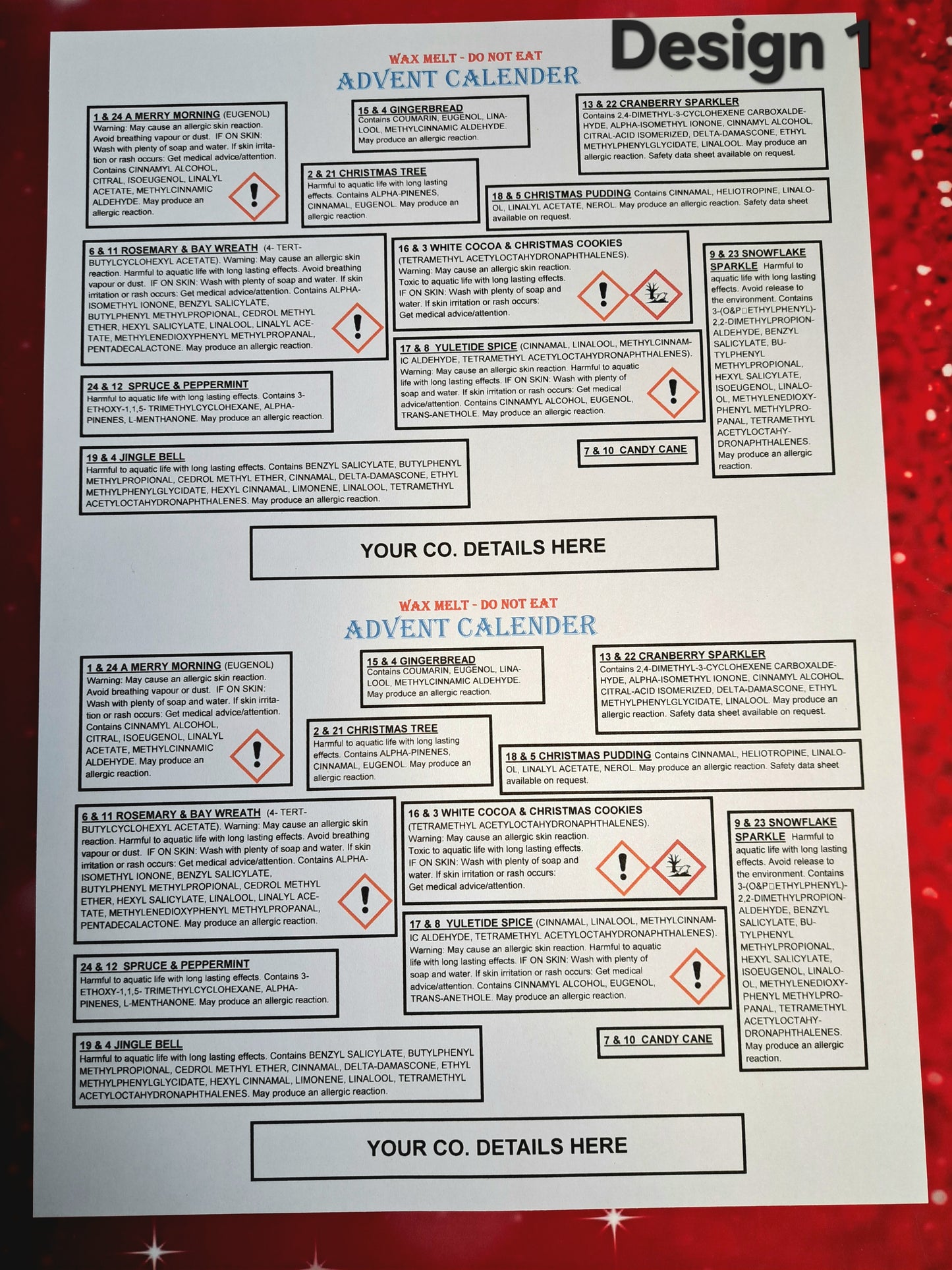 A5 Advent Calendar Clp Label DESIGN FOR 12 FRAGRANCES AND PRINTED SHEETS (We can also cut these smaller to fit your box)