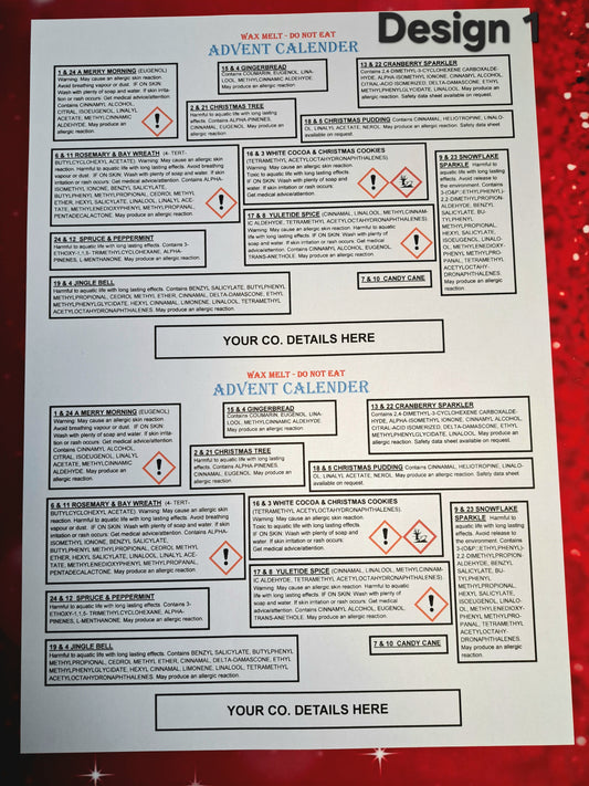 A5 Advent Calendar Clp Label DESIGN FOR 12 FRAGRANCES AND PRINTED SHEETS (We can also cut these smaller to fit your box)