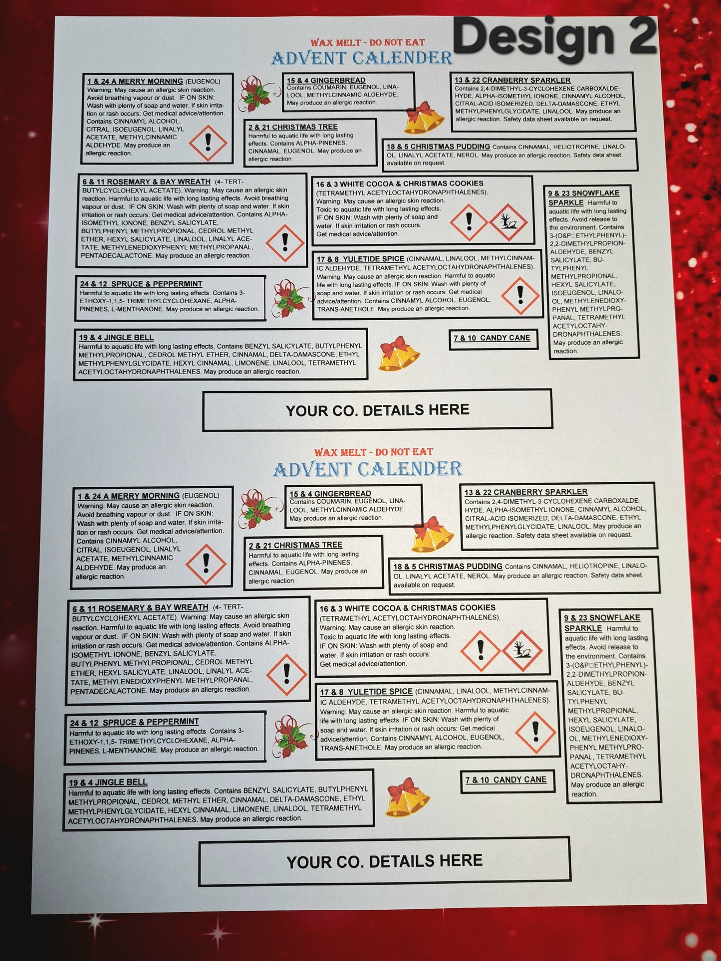 A5 Advent Calendar Clp Label DESIGN FOR 12 FRAGRANCES AND PRINTED SHEETS (We can also cut these smaller to fit your box)