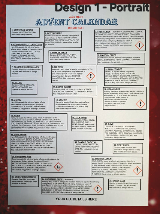 A4 Advent Calendar Clp Label DESIGN FOR 24 OR 25 FRAGRANCES AND PRINTED SHEETS (We can also cut these smaller to fit your box) in Portrait or Landscape